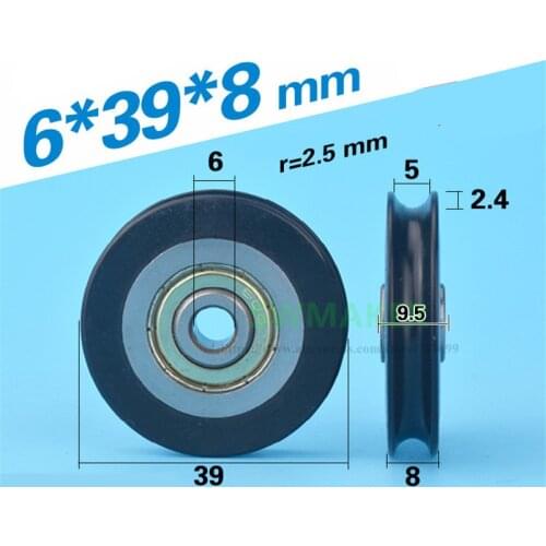 10pcs 6*39*8mm shift door pulley, concave wheel U groove, wire rope over line wheel, rubber wrapped plastic nylon bearing roller