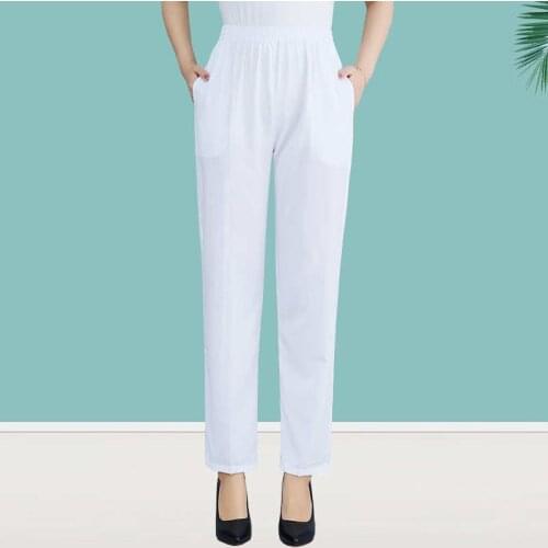 4XL Plus Size Faux Silk Thin Middle-Aged Womens Trousers Elastic High Waist Straight Summer Pants Casual Long White Pants C7423