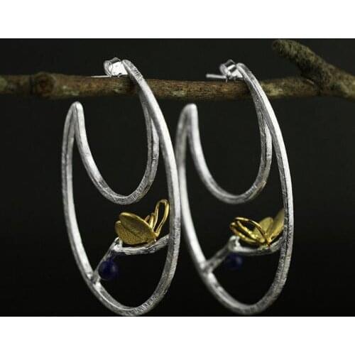 925 Sterling Silver Golden Butterfly Lapis Lazuli Oval Post Stud Earrings Jewelry A1477