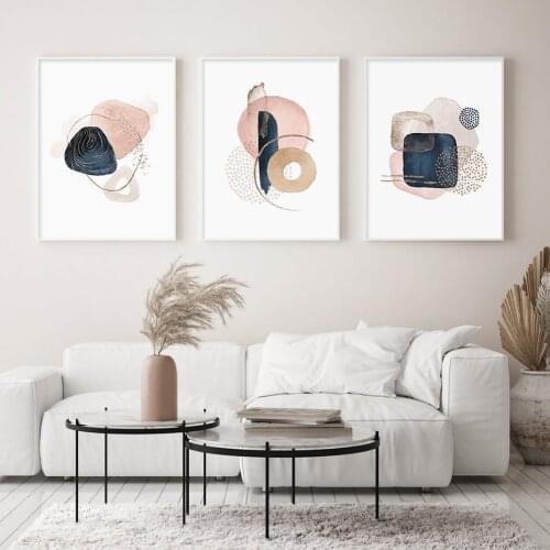 Abstract Watercolor Geometric Canvas Painting Pink Beige Navy Blue Wall Art Nordic Posters and Prints Lines Pictures Home Decor