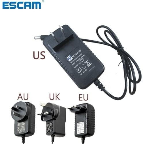 ESCAM AC100V-240V / DC12V 2A Output Power Adaptor 50/60HZ, Wall Charger DC 5.5mm x 2.1mm EU/AU/UK/US Plug for CCTV Camera free