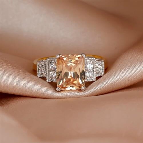 Dainty Female Champagne Crystal Stone Jewelry Cute Gold Color Wedding Rings For Women Boho Square Engagement Valentines Day Gift