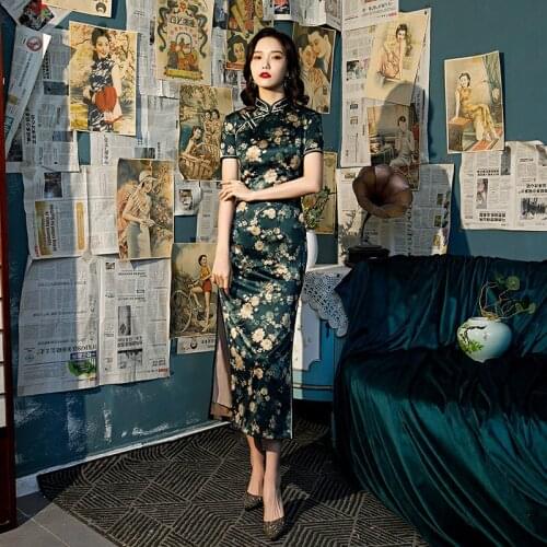 Chinese Women Sexy Short Sleeve Hanfu Qipao Retro Traditional Printed Cheongsam Party Silk Long Dress