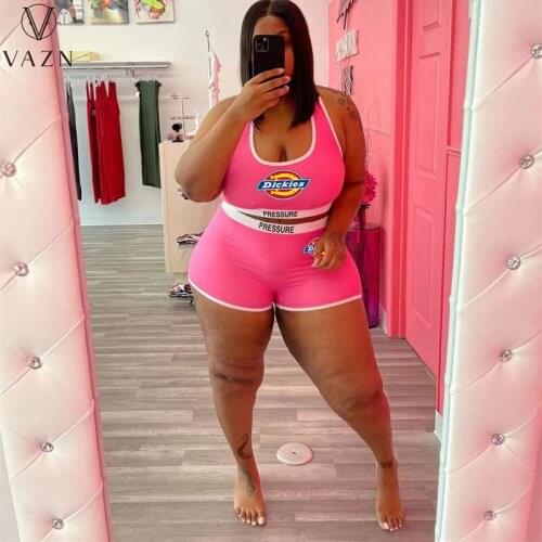 VAZN 2021 plus-size women street hip hop style sleeveless round neck top elastic short pants printed two piece sets