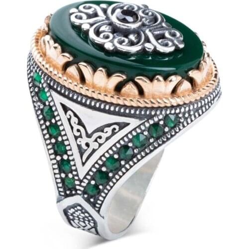 925 Sterling Silver Green Zircon Stone Mens Ring Triangle with Motif Zirconia Gemstone Ring for Men Exclusive Silver Ring