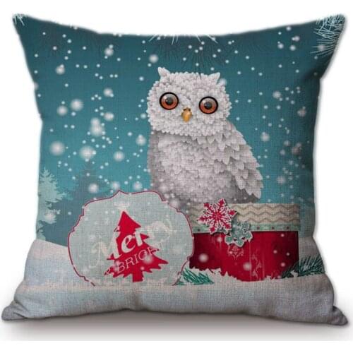 Cute White Owl With Gift Box Decorative Christas Pillow Cover For Home Winter Snow Adorable Animals Print Cushion Pillow Cases