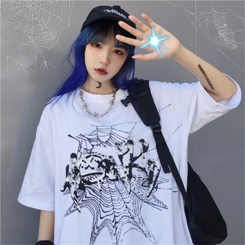 New Women Clothes 2020 Summer Gothic Top Print T Shirt Spider Web Graphic Tees Womens Loose Letter Breathable Plus Size Tops