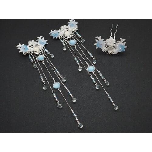 The new hair accessories antiquity clear blue pink fringed Chinese clothing clip hair ornaments] [rain means Ling Ling