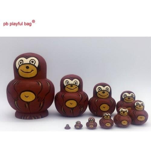 PB Playful bag Ten story big belly monkey Russian dolls funny cute wooden toy set with folk art features gift to friends HG54