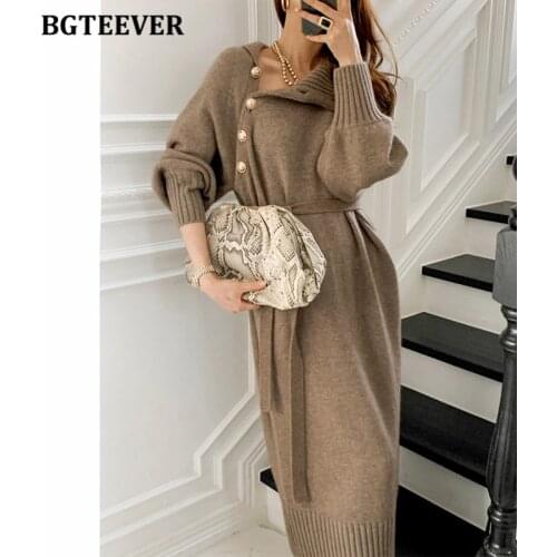 BGTEEVER 2020 Winter Turtleneck Buttons Women Knitted Mid-length Dress Elegant Lace-up Loose Female Sweater Dress Long Vestidos