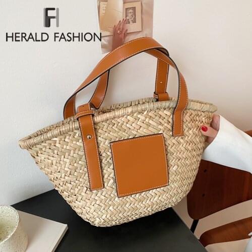 Weave Straw Female Tote Bags 2021 Summer Womens Designer Handbags Contrast Color Shoulder Bags Vacation Ladies Travel Straw Bag