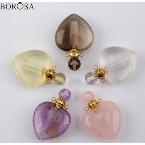 BOROSA New Heart Natural Stone Perfume Bottle Pendant Crystal Charms Essential Oil Diffuser Pendant Necklace Women Gifts WX1327