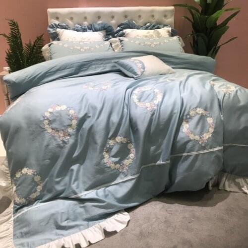 Luxury Princess 100S Egyptian cotton Embroidery Bedding sets Queen King Royal Duvet cover Bed sheet set Pillowcases 4pcs Blue