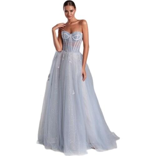 Light Blue Evening Dresses with Straps Tulle Embroidery Sequins A Line Prom Dress Elegant Party Wear Formal Robe De Soirée