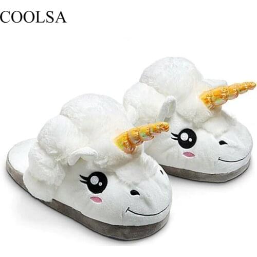 COOLSA Women Winter Cartoon Cotton Unicorn Slippers Winter lovely Home Slippers Cartoon Plush Chausson Licorne White Shoes Hot
