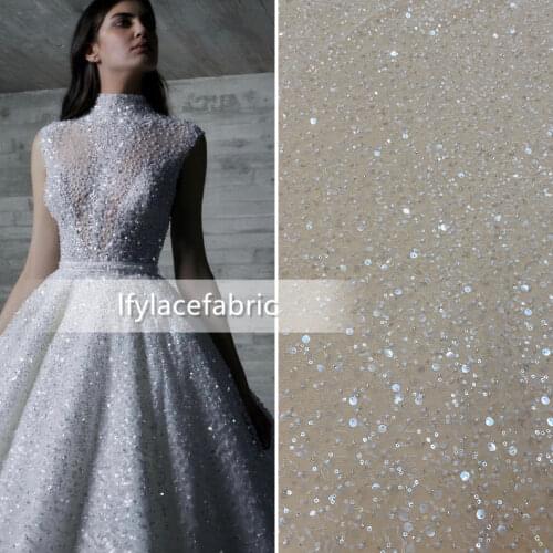 Gorgeous Top Quality Gold Aand White Beads Sequins Pearl Sparkle Tulle Mesh Embroideried wedding bridal gown lace fabric