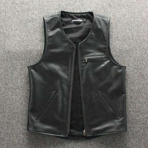 Japanese Casual Genuine Leather Vest Mens Horsehide Slim Fit Motorcycle Biker Vests Collarless Sleeveless Riding Leather Jacket