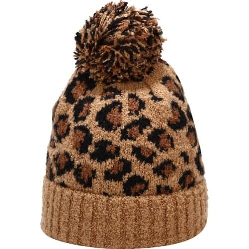 2020 Winter Women Hat Leopard Knitted Faux Pompom Hat Warm Thick Skullies Beanies Ski Bonnet For Femme