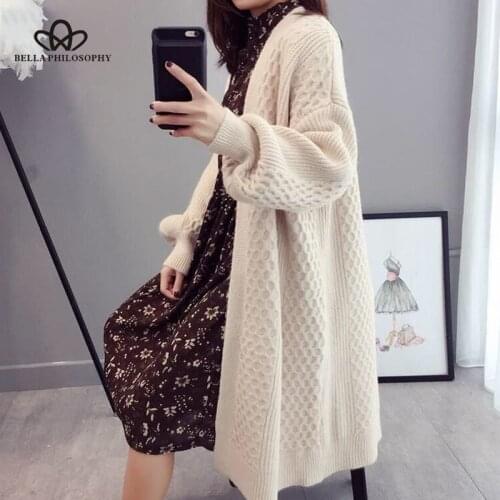 Bella philosohy Autumn Winter Sweater Cardigans Women V-Neck Lantern Sleeve Knitted Open Stitch Loose Jacket Female Knit Coat
