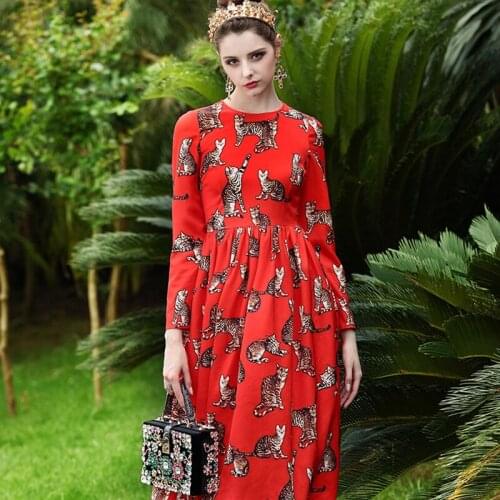 Customize Red Cat Print Dress 2017 Spring Summer Classic Fashion Long Sleeve Mid-Calf Women Designer Runway Pretty Cute Dresses
