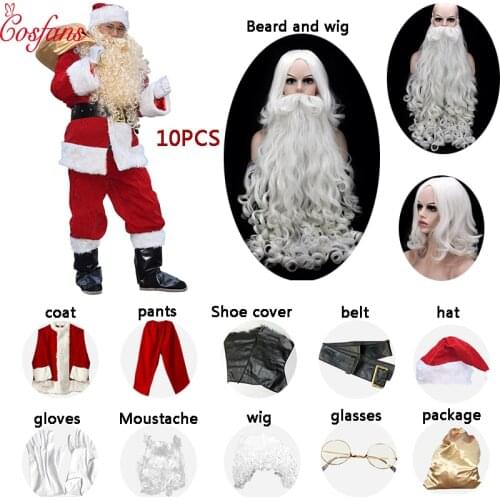 10PCS Christmas santa claus costume for men women adult Fancy Cosplay Costumes Party red Suit Coat Pants Beard Belt Hat Set
