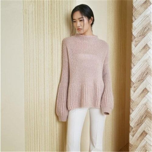 100% hand made wool knit women streetwear stand collar solid puff sleeve H-straight pullover sweater one&over size