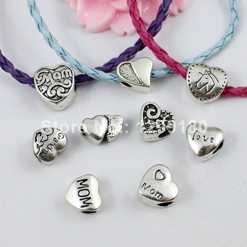 100pcs/lot Mixed Pattern Mixed Size Tibetan Silver Big hole Heart Bead Fit For European Bracelets Hole:4.5mm-5mm (K00262)