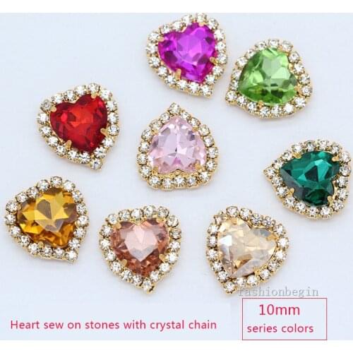12p 10mm multi-color heart shape sew on crystal glass Garment Dress glue on rhinestones trim beads gold base jewelry making Gems