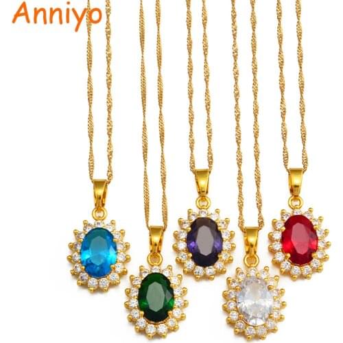 Anniyo RED/GREEN/Purple Colored Stones Pendant Necklaces Women Girl Gold Color CZ Jewelry African Arab Middle East Gifts #238206
