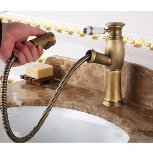 Antique Brass Pull-Out Basin Sink Faucets Home Bathroom Hot/Cold Water Mixer Built-in Filter Tap European Hotel Hardware