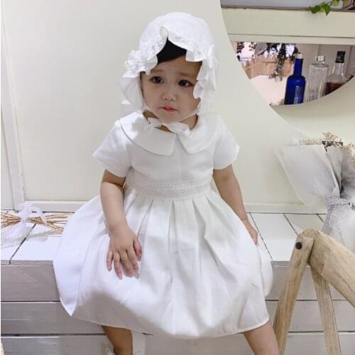 Newborn Baby Girl Short Sleeve White Baptism Satin Glossy Dresses 1 Year Birthday Wear Toddler Girl Christening Lace Ball Gown