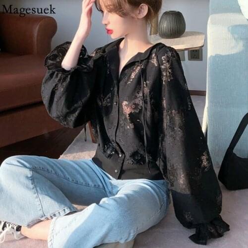 Spring Long Sleeve Lace Blouse for Women Floral Lantern Sleeve New Office Lady Shirts Women Autumn Black Female Clothing 12691