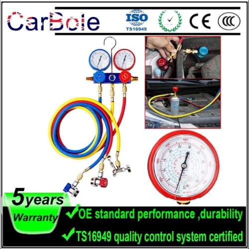 CarBole AC A/C Manifold Gauge Set Vacuum Pump 4 Reading R134A R404A R22 R410A with Adapter and Hoses HVAC