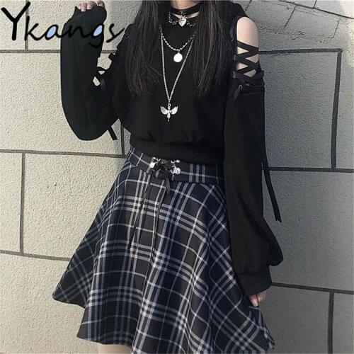 Harajuku Black Sweet Hollow Out Strapless Bandage Hoodie T-Shirt+High Waist Plaid A-Line Skirt Summer Fashion Cool Two Piece Set