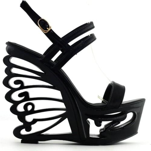 LF51801 Black/White Strappy Bride Wedding Wedge Butterfly Heel Sandals