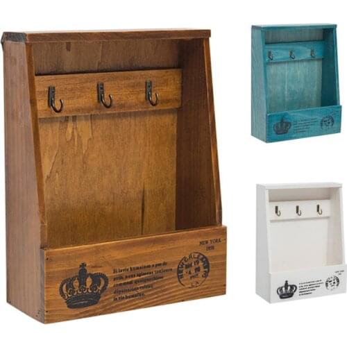 Wooden Retro Style Key Hook Wall-mounted Storage Box for Entryway Living Room Hallway Brown White Blue
