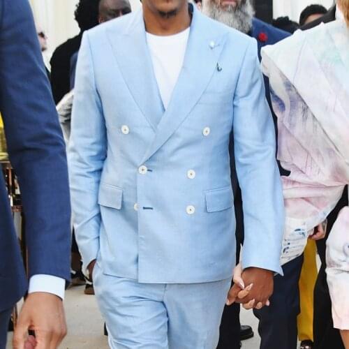 Double Breasted Light Blue Groom Tuxedos Peak Lapel Groomsmen Men Blazers Suits 2 Piece Male Fashion Jacket with Pants 2021