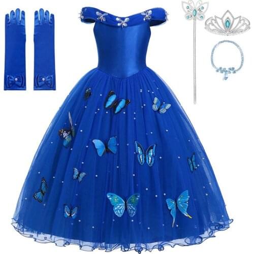 Blue Princess Cinderella Dress up Clothes Girl Off Shoulder Pageant Ball Gown Kids Deluxe Fluffy Bead Halloween Party Costume