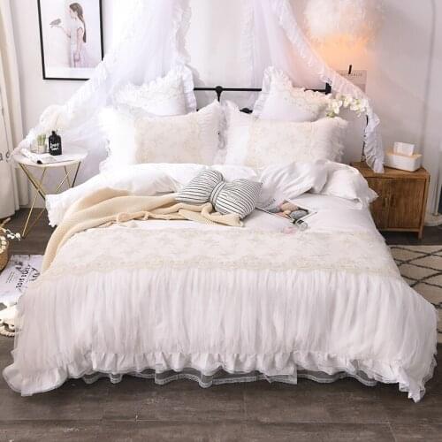 Korean Princess Style Cotton Bed Skirt European Lace White Quilt Cover Embroidered Bedding Set Pillowcase Full Queen King 40Pcs