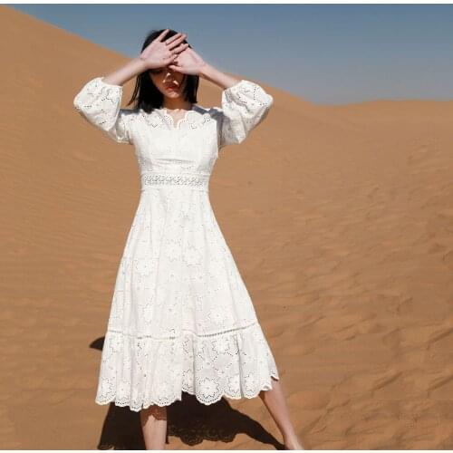 Sanya Tourism Holiday Beach skirt Tibet desert tourism skirt White V-Neck cut-out lace dress f618