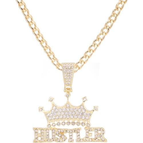 Iced Out HUSTLER Crown Pendant Necklace Choker Chain Necklace Women Hip-Hop Jewelry For Men Tennis Chain Fashion Link