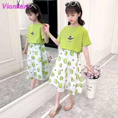 Summer Avocado Friut Girls Clothing 2 Set 2021 Children Clothes Suit Big Childrens Skirt+Short-Sleeved T-shirt Clothing Suit