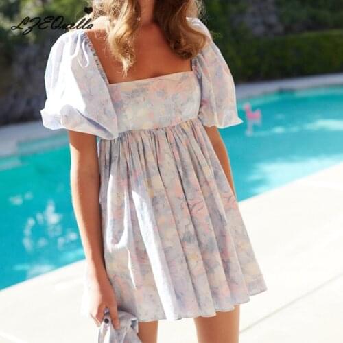Sweet Ruffles Floral Print Puff Sleeve Square Collar Ball Gown Dress Women Pleated Mini Party Dresses Holiday Beach Sundress