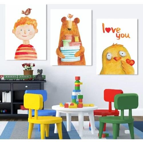 Nordic Cartoon Animals Baby Room Wall Paintings Wall Decoration Solid Wood Frame Bedside Hanging Picture Home Decor