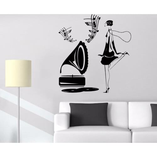 Wall Sticker Gramophone Jazz Music Vintage Sheet Music Girl Vinyl Self-Adhesive Wall Decals Bedroom Living Room Home Decor LA154