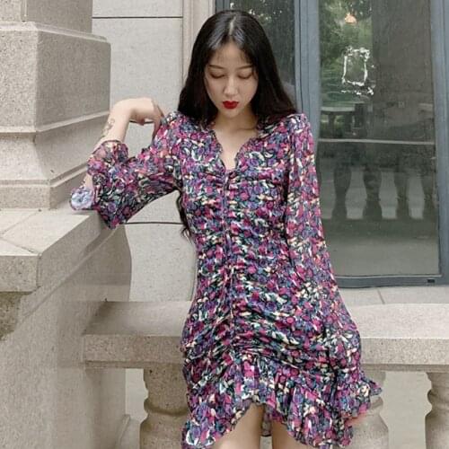 Women Vintage Print Dress Casual V-Neck Ruffles Floral Pencil Dress Summer Fashion Ladies Butterfly Sleeve Chiffon Mini Dress
