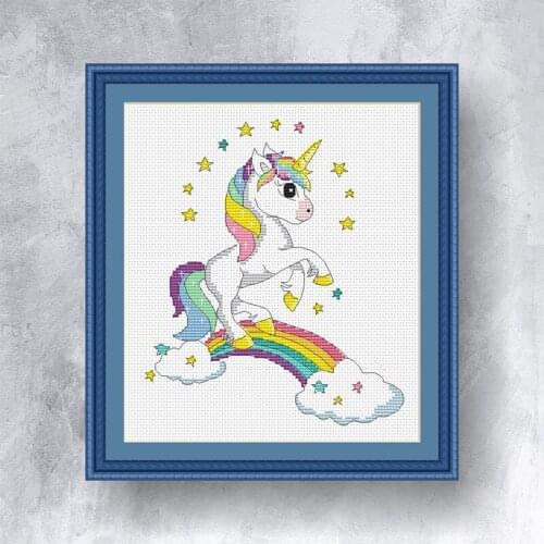 Popular Embroidery Rainbow Unicorn and Clouds Cross Stitch Kit Horse with 100% Cotton Floss & Free Shipping for Customized Gift