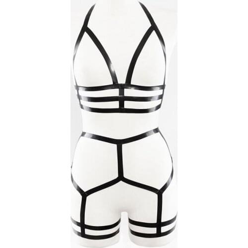Sexy Black Natural Latex Bandage Goth Cage Latex Bra Top Body Harness Cross Crop Straps Lingerie