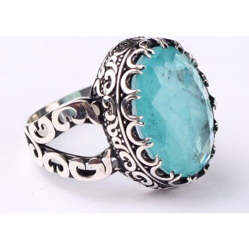 Handmade Mens Silver Light Blue Tourmaline Ring, Green Large 925 Silver Ring, Silver Handmade Oval Paraiba Tourmaline Ring