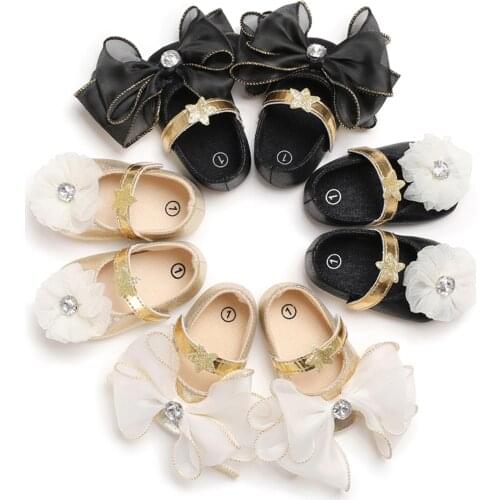 Toddler Baby Girl Princess Dress Shoes, Shiny Non-Slip Soft Sole Mary Jane Flats with Big Bow/Flower 0-12M